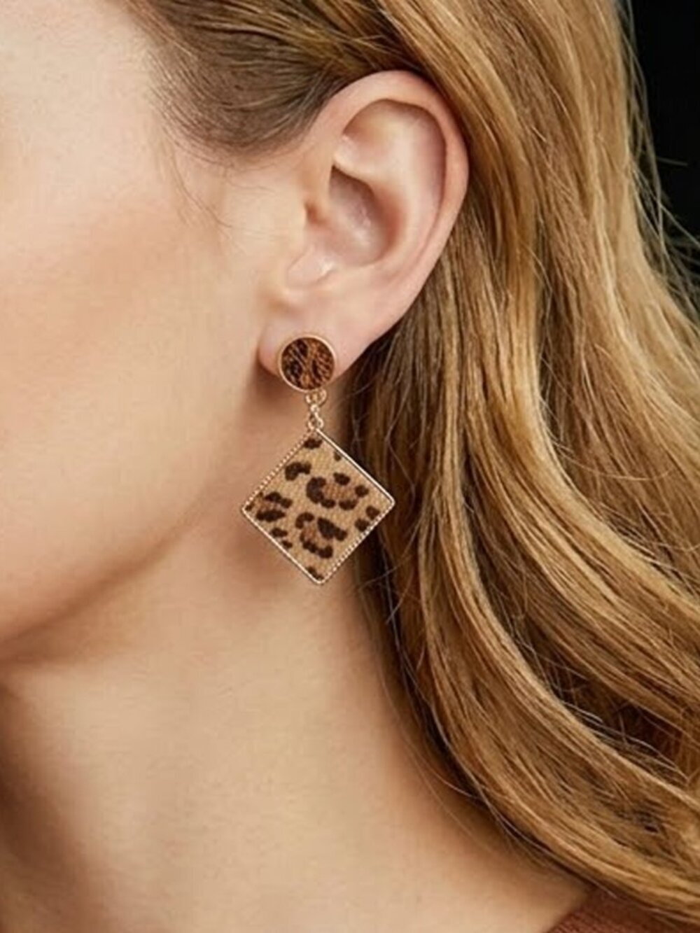 Round Triangular Leopard Print Dangle Earrings - Picture 2 of 5